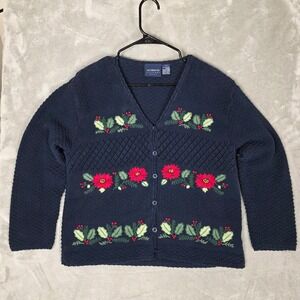 Liz‎ Claiborne Petite Navy Blue Embroidered Holiday Floral Knit Cardigan Sweater